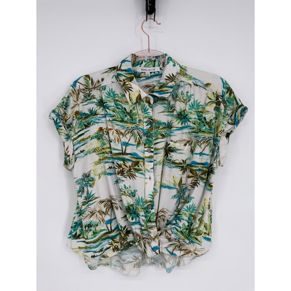 ROSE + OLIVE Palm Tree Tropical Button Up Shirt Sleeve Shirt Women's Sz M Rayon